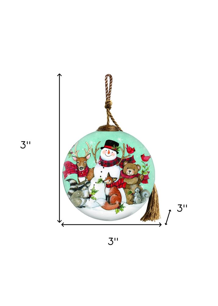 Snowman and Forest Animal Hand Painted Green Brown And White Glass Ball Ornament