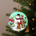 Snowman and Forest Animal Hand Painted Green Brown And White Glass Ball Ornament