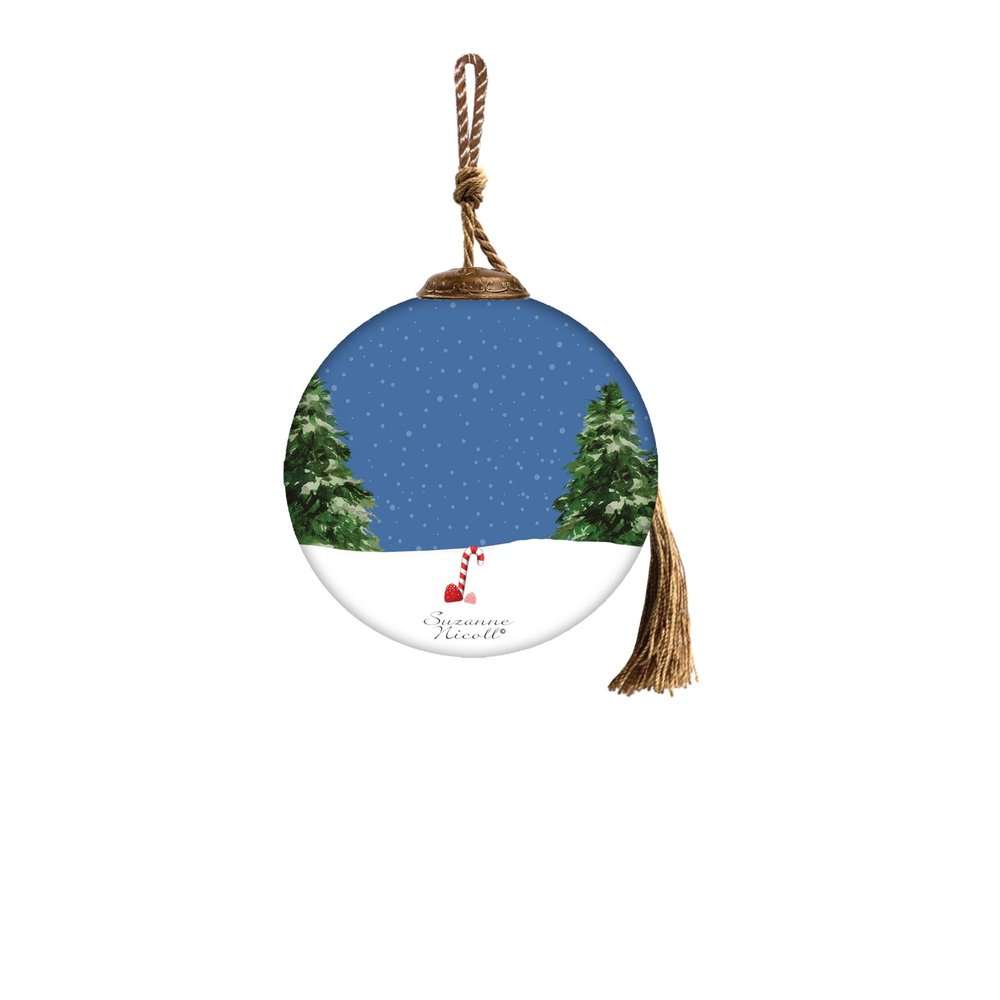 Snowman and Forest Animal Hand Painted Blue White And Green Glass Ball Ornament