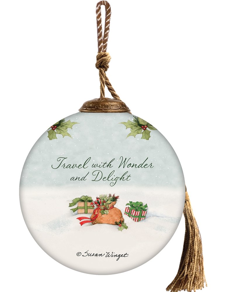 Travel with Red Campe Hand Painted Red White And Green Glass Ball Ornament