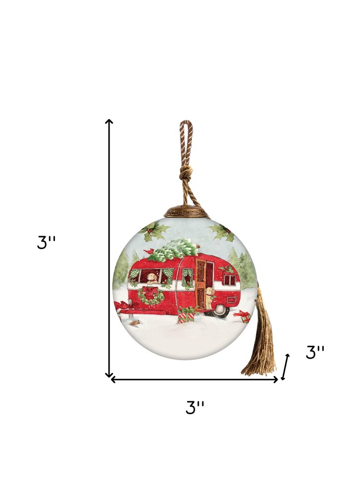 Travel with Red Campe Hand Painted Red White And Green Glass Ball Ornament