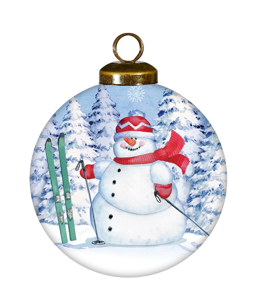 Ski Snowman Hand Painted White Blue And Red Glass Ball Ornament