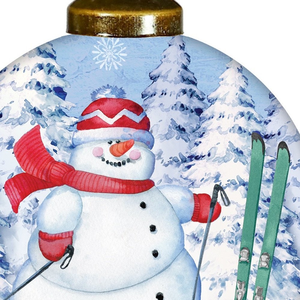 Ski Snowman Hand Painted White Blue And Red Glass Ball Ornament