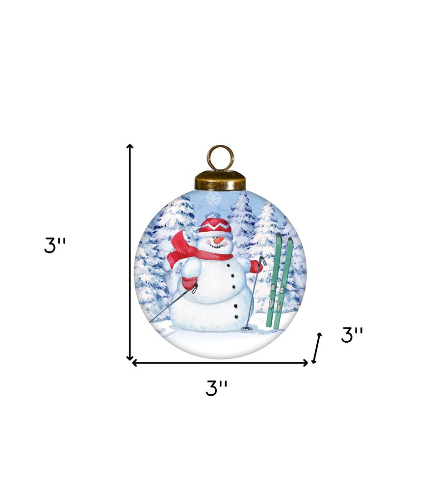 Ski Snowman Hand Painted White Blue And Red Glass Ball Ornament
