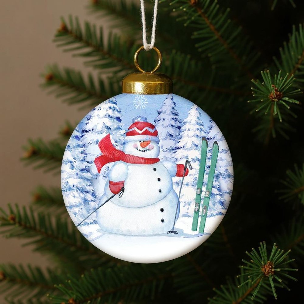 Ski Snowman Hand Painted White Blue And Red Glass Ball Ornament