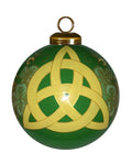 Trinity Knot Hand Painted Yellow And Green Glass Ball Ornament on a white background