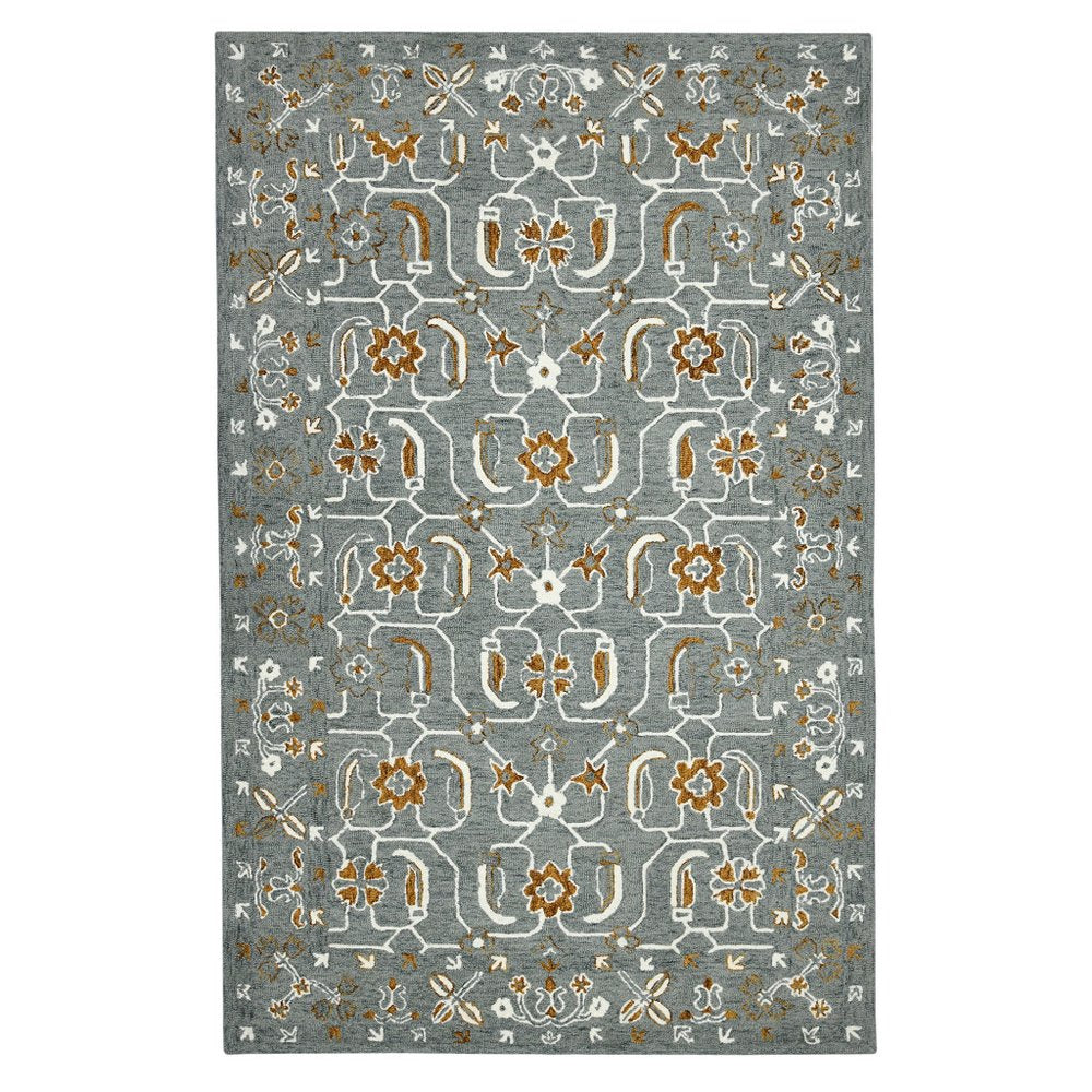 9' X 13' Orange Gray And Ivory Wool Floral Medallion Hand Hooked Area Rug