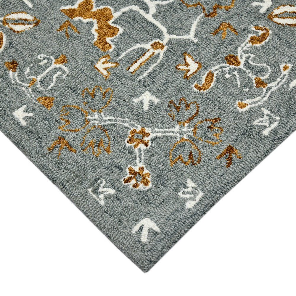9' X 13' Orange Gray And Ivory Wool Floral Medallion Hand Hooked Area Rug