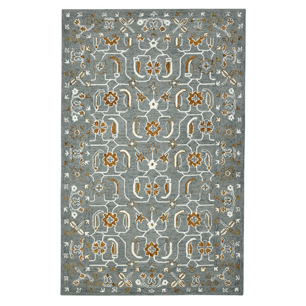 9' X 13' Orange Gray And Ivory Wool Floral Medallion Hand Hooked Area Rug