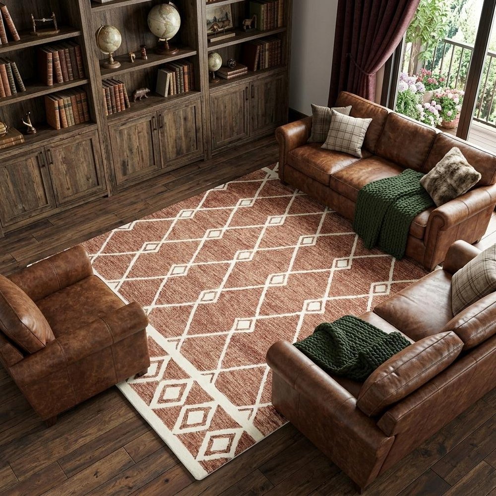 9' X 13' Rust And Ivory Wool Argyle Hand Hooked Area Rug