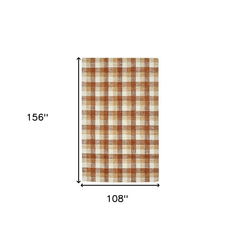 9' X 13' Orange Beige And Brick Red Wool Plaid Hand Tufted Area Rug