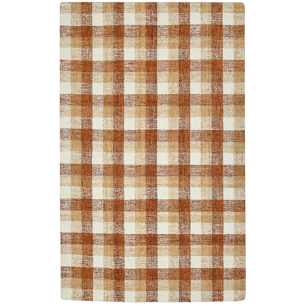 9' X 13' Orange Beige And Brick Red Wool Plaid Hand Tufted Area Rug