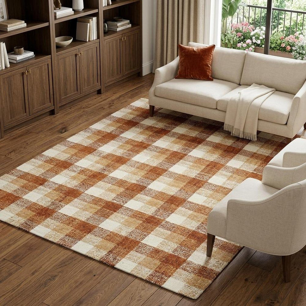 9' X 13' Orange Beige And Brick Red Wool Plaid Hand Tufted Area Rug