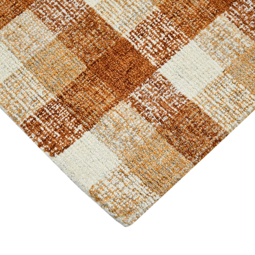 9' X 13' Orange Beige And Brick Red Wool Plaid Hand Tufted Area Rug