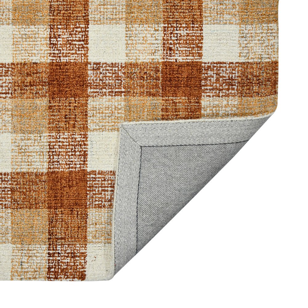 9' X 13' Orange Beige And Brick Red Wool Plaid Hand Tufted Area Rug