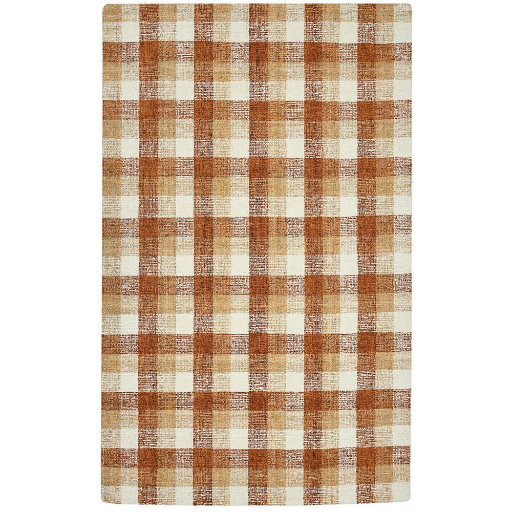9' X 13' Orange Beige And Brick Red Wool Plaid Hand Tufted Area Rug