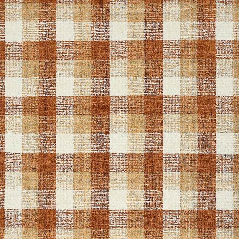 9' X 13' Orange Beige And Brick Red Wool Plaid Hand Tufted Area Rug
