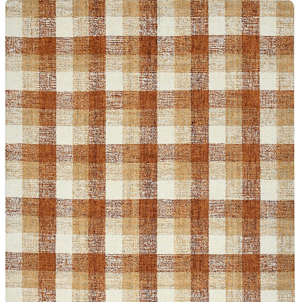 9' X 13' Orange Beige And Brick Red Wool Plaid Hand Tufted Area Rug