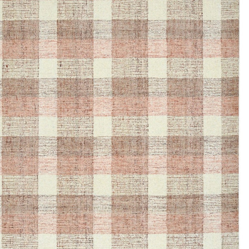 9' X 13' Pink And Ivory Wool Plaid Hand Tufted Area Rug