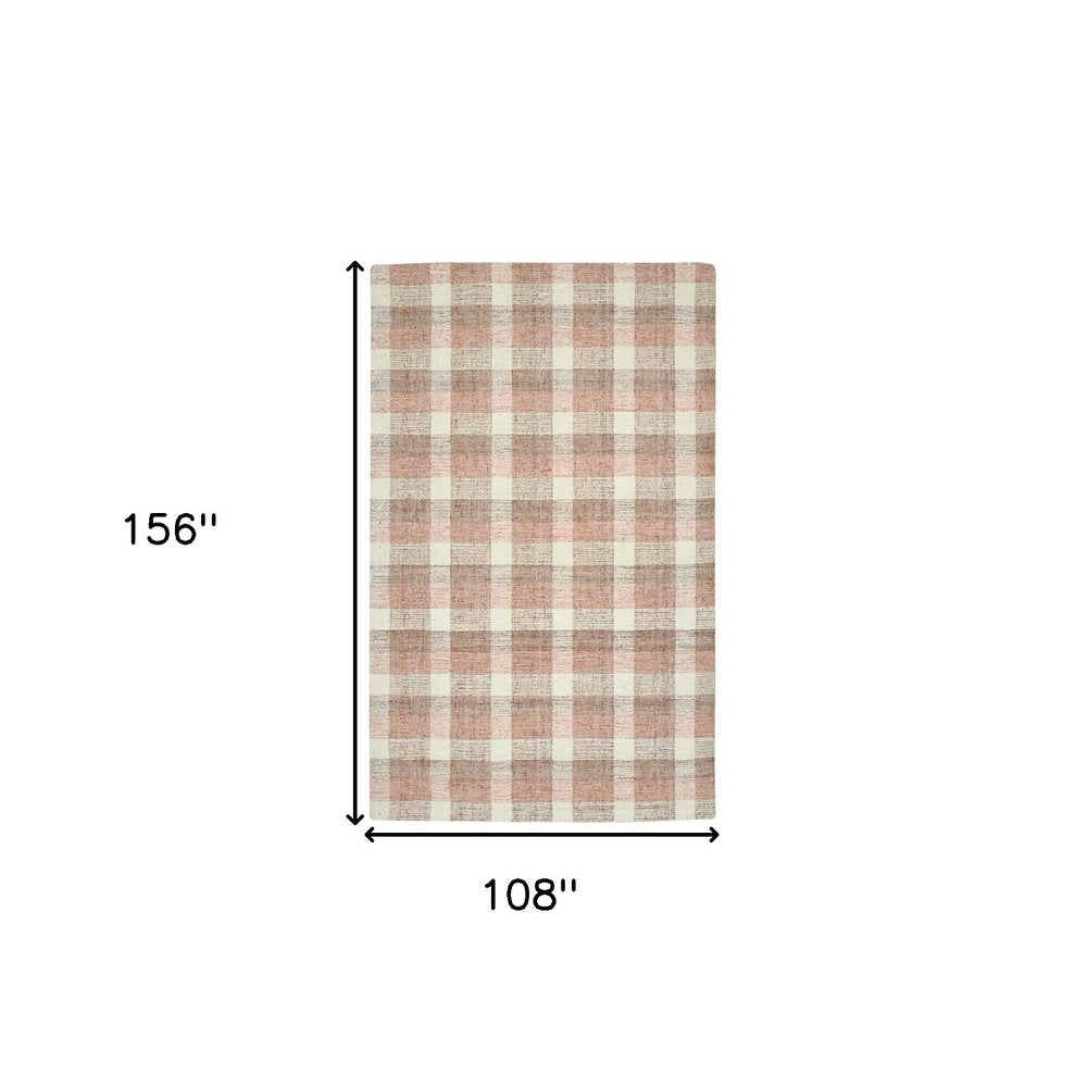 9' X 13' Pink And Ivory Wool Plaid Hand Tufted Area Rug