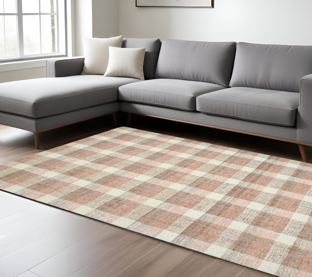 9' X 13' Pink And Ivory Wool Plaid Hand Tufted Area Rug