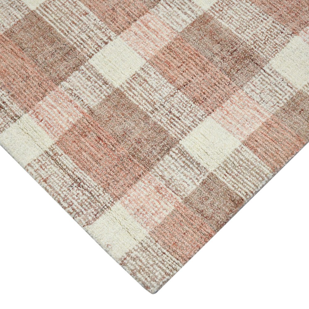 9' X 13' Pink And Ivory Wool Plaid Hand Tufted Area Rug