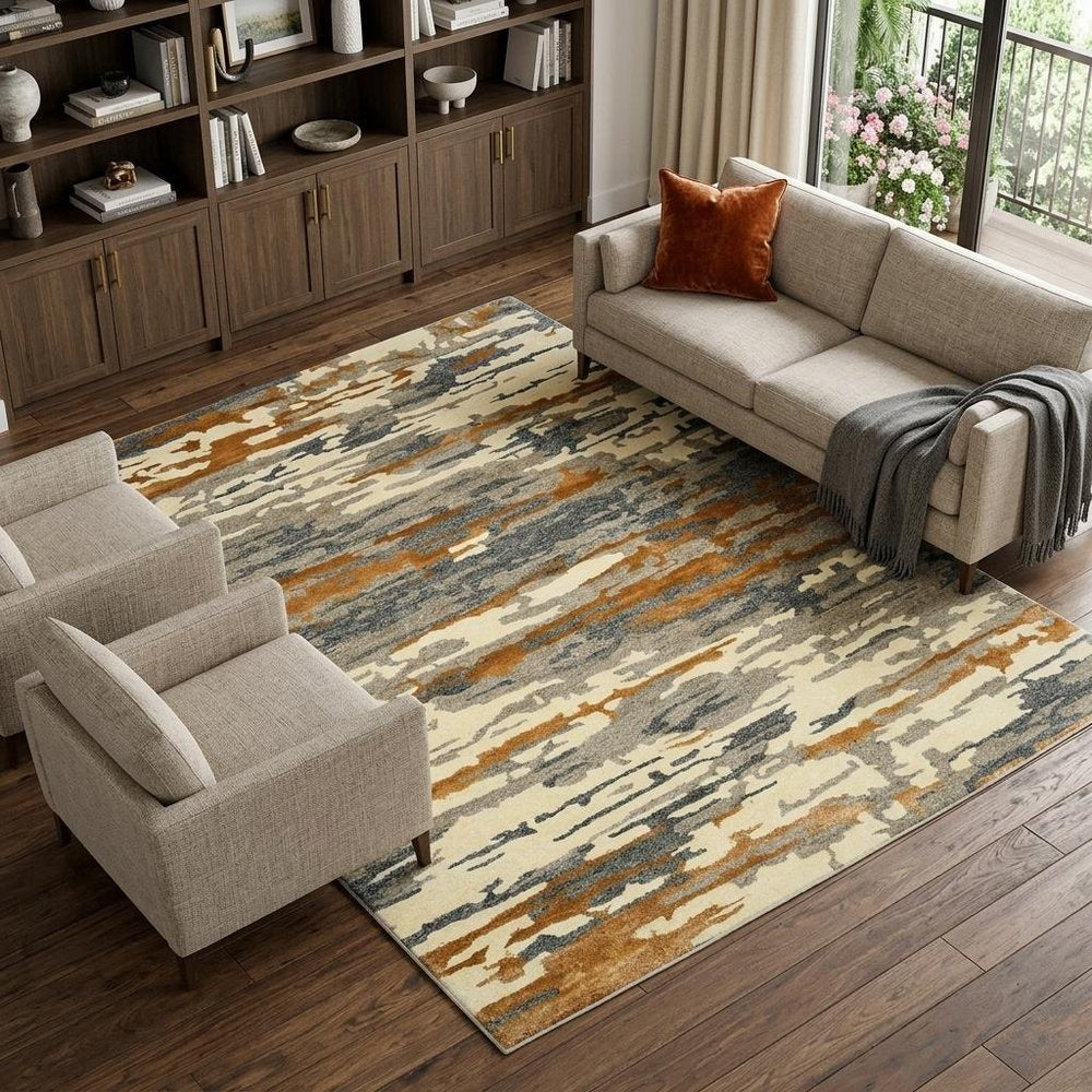 9' X 13' Orange Ivory And Green Wool Abstract Hand Tufted Area Rug