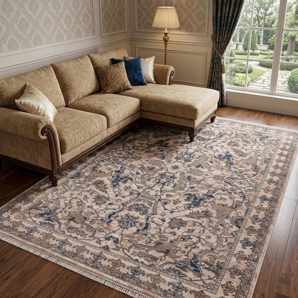 9' X 13' Tan And Blue Oriental Area Rug With Fringe in a home interior