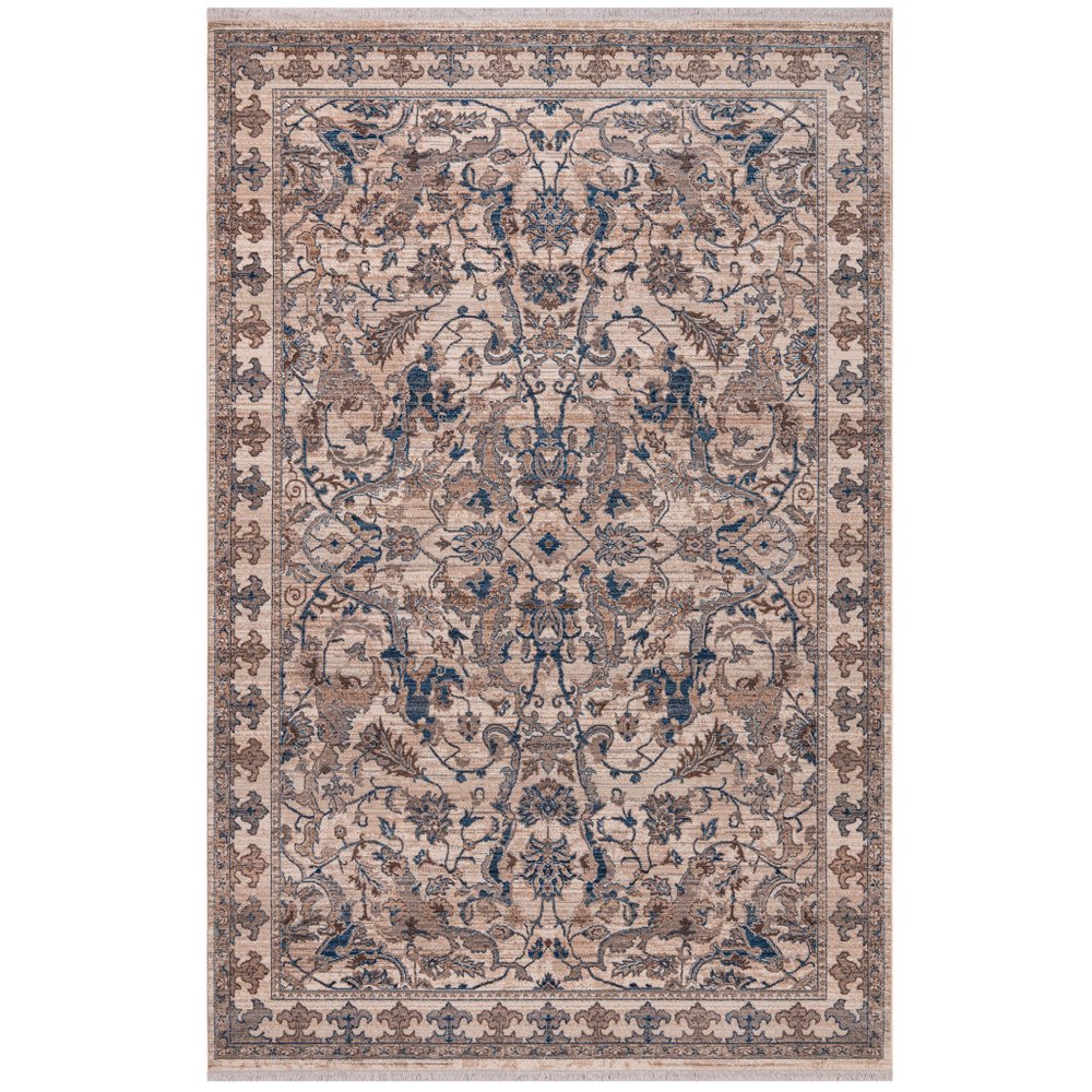 9' X 13' Tan And Blue Oriental Area Rug With Fringe on a white background