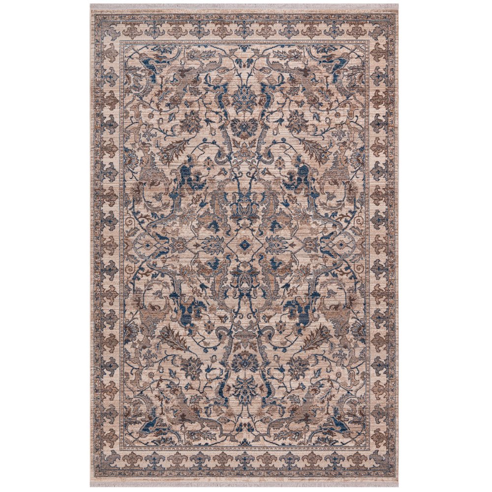 9' X 13' Tan And Blue Oriental Area Rug With Fringe on a white background