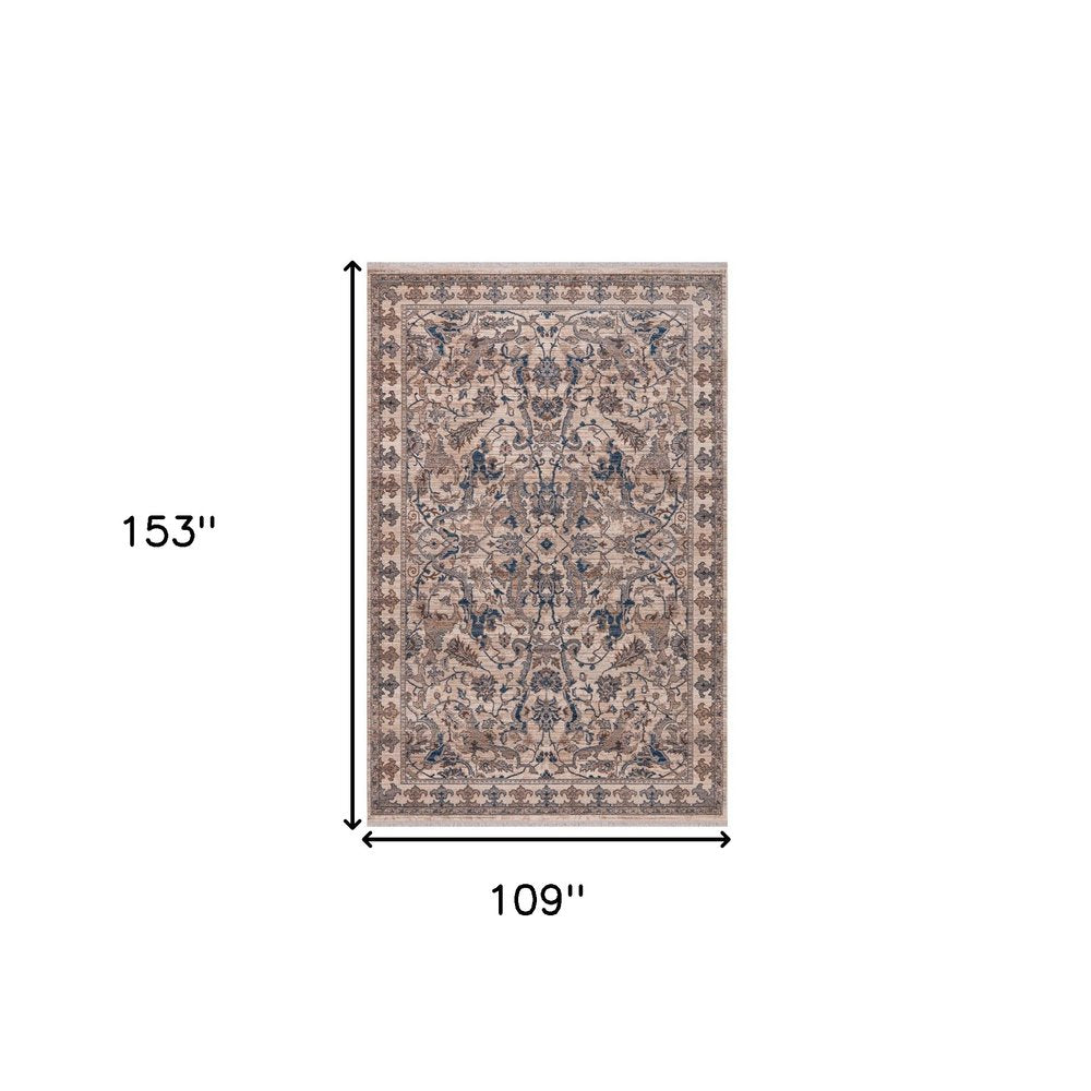 9' X 13' Tan And Blue Oriental Area Rug With Fringe on a white background