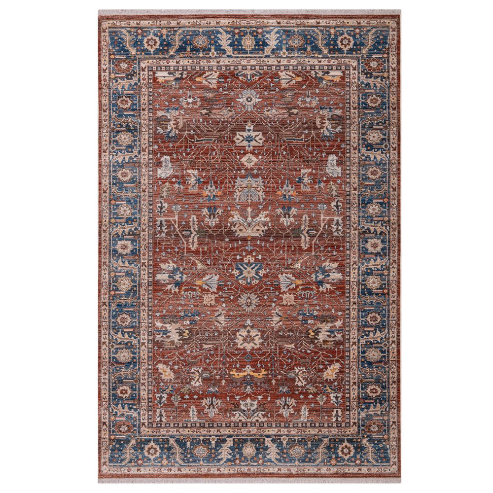 9' X 13' Red Beige And Blue Oriental Area Rug With Fringe