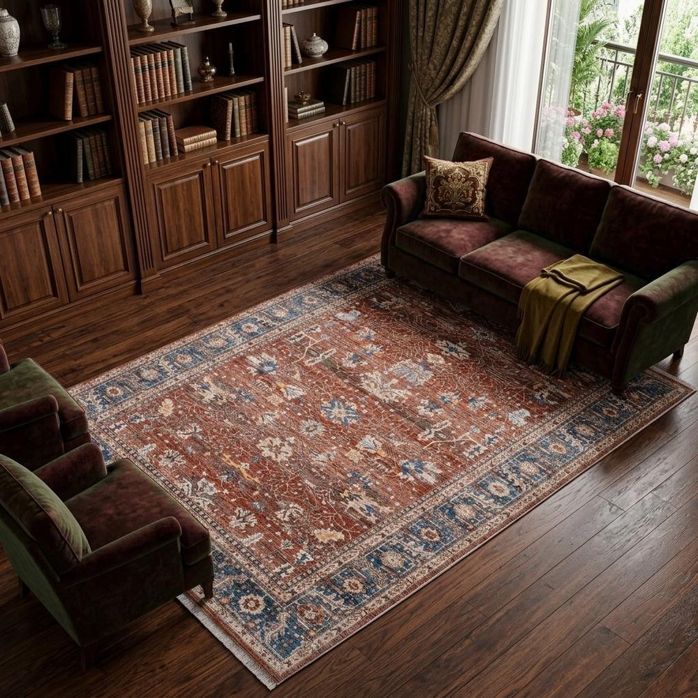 9' X 13' Red Beige And Blue Oriental Area Rug With Fringe