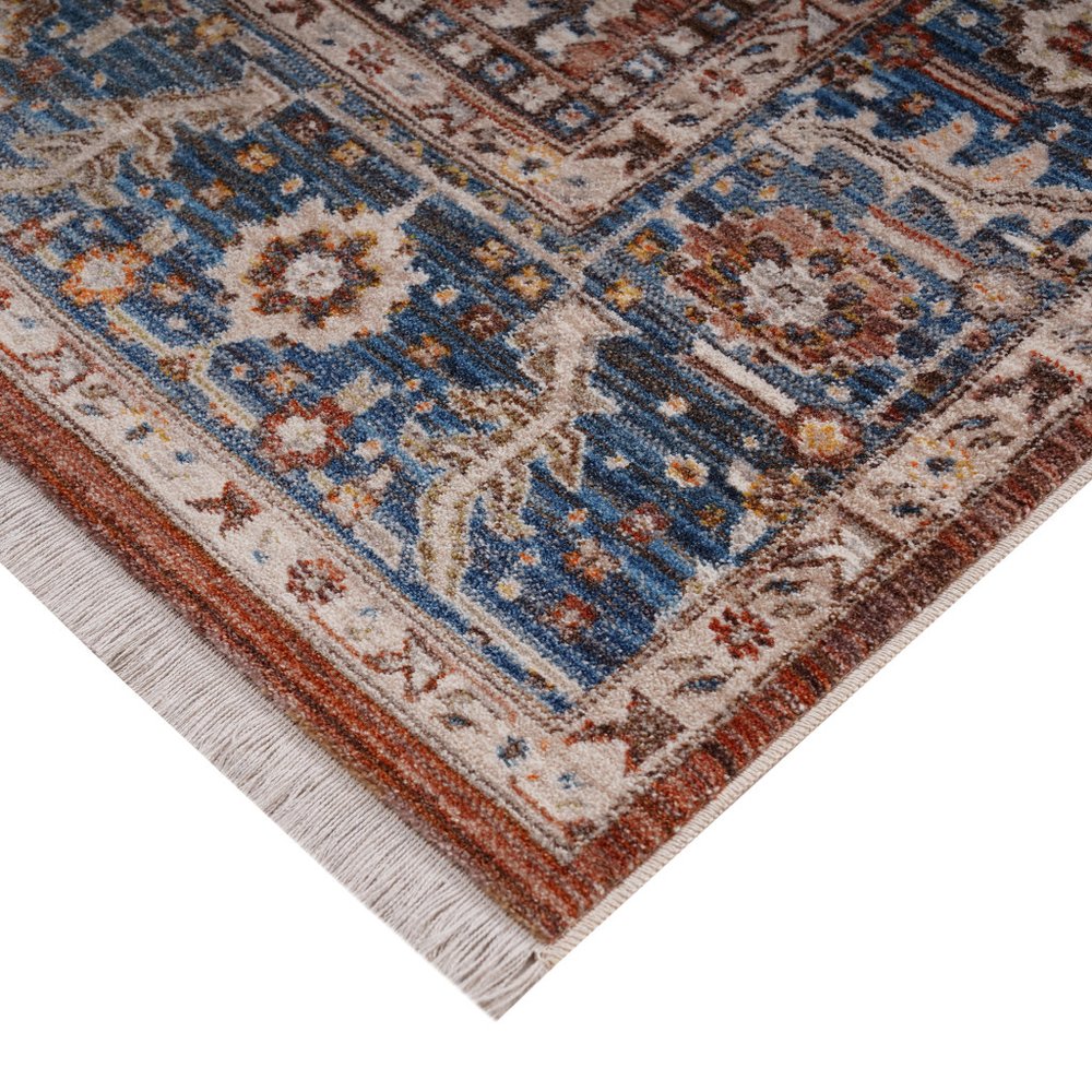 9' X 13' Red Beige And Blue Oriental Area Rug With Fringe