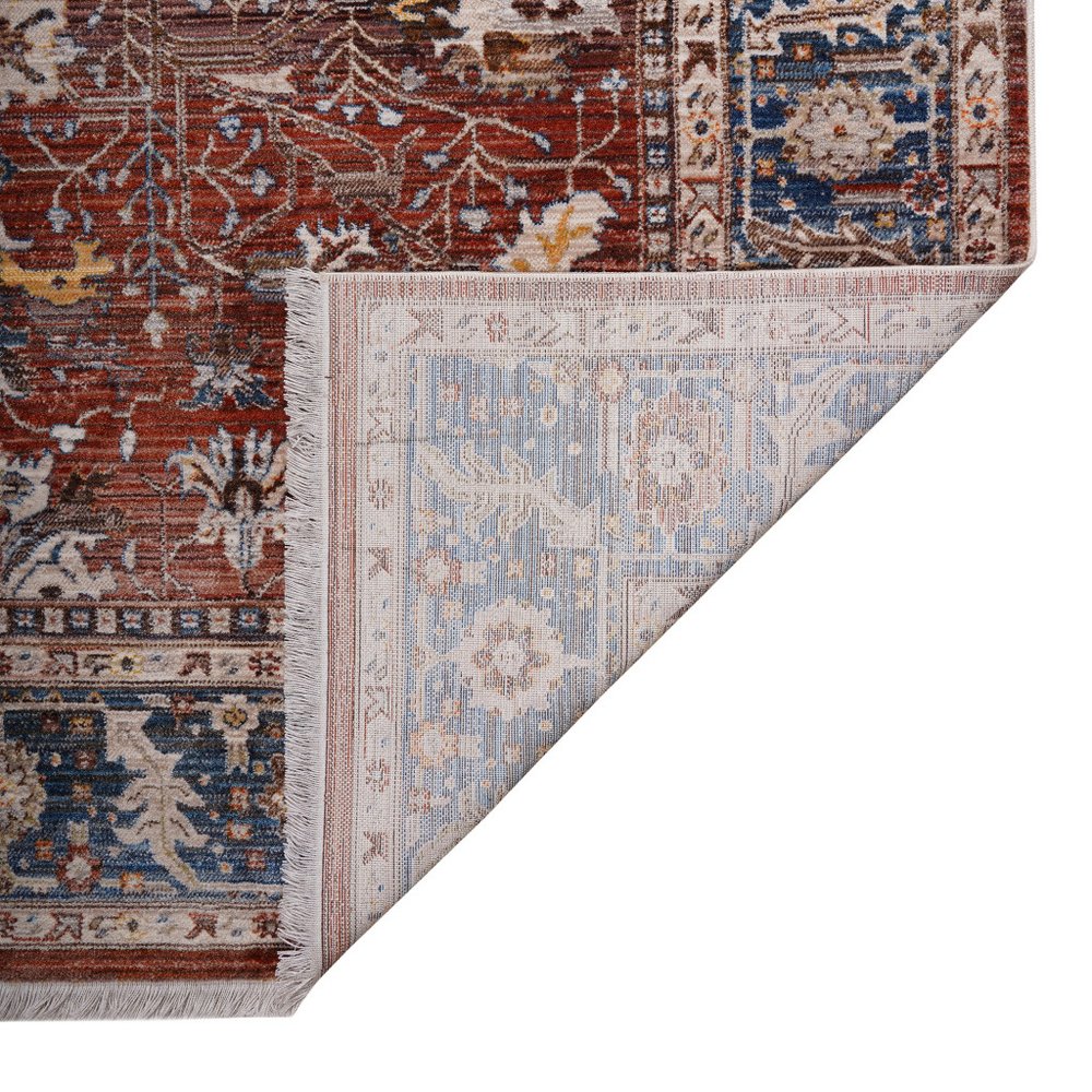 9' X 13' Red Beige And Blue Oriental Area Rug With Fringe