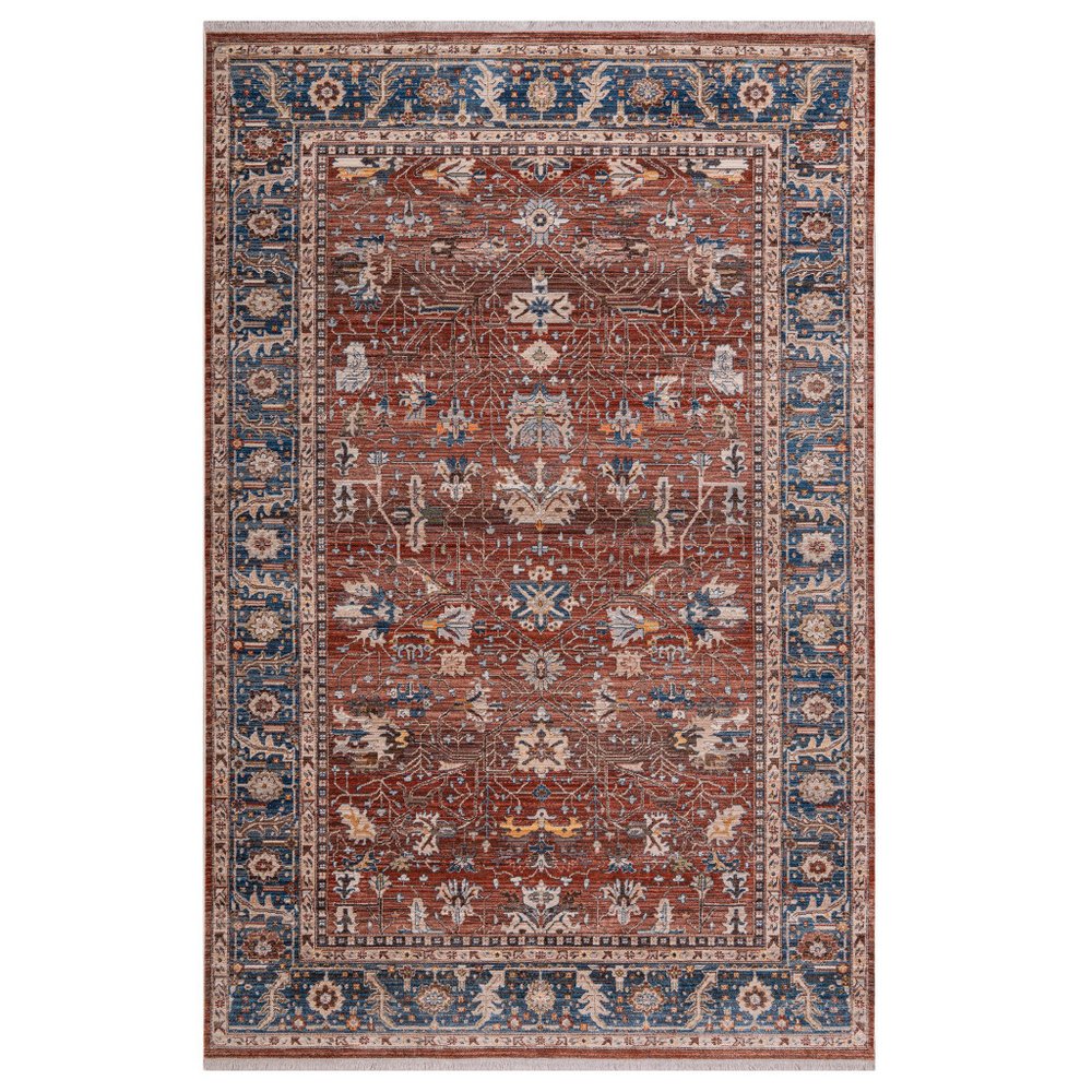 9' X 13' Red Beige And Blue Oriental Area Rug With Fringe