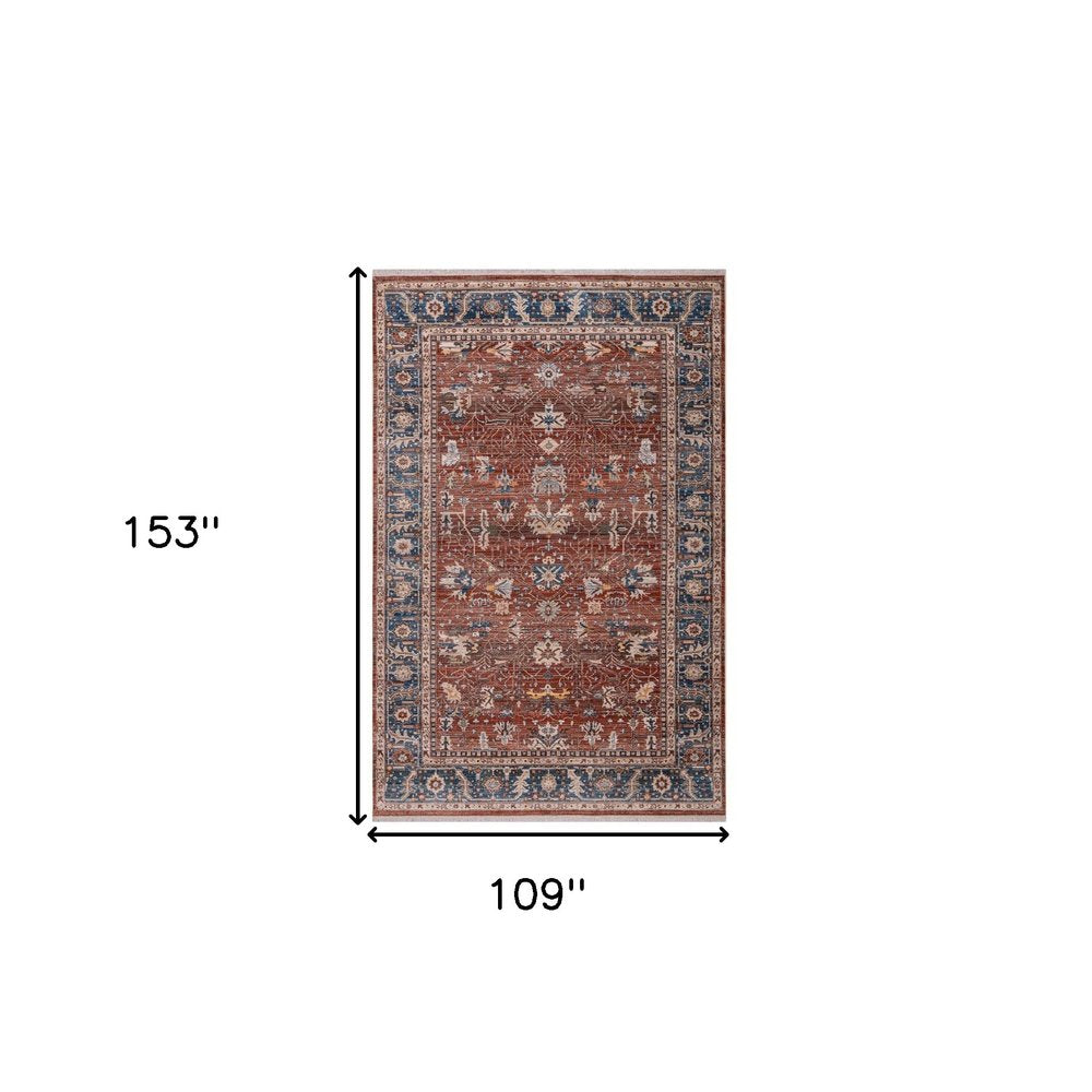 9' X 13' Red Beige And Blue Oriental Area Rug With Fringe