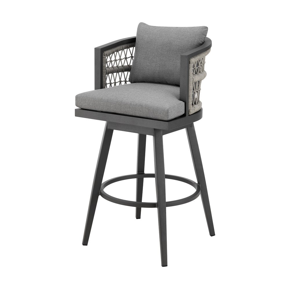 37" Gray Metal Swivel Outdoor Counter Height Bar chair with Footrest. Outdoor bar chair isolated on a plain white background, showing a gray metal surface.