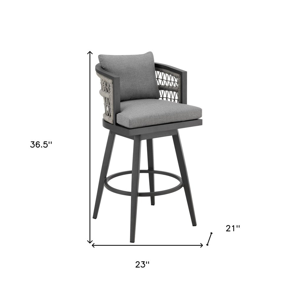 37" Gray Metal Swivel Outdoor Counter Height Bar chair with Footrest. Outdoor bar chair isolated on a plain white background, finished in gray metal.