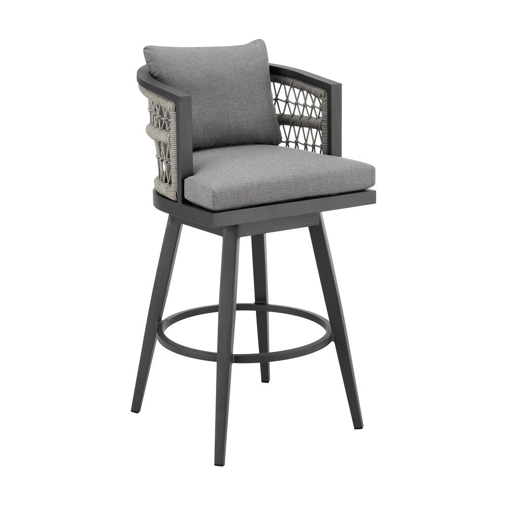 Gray metal swivel outdoor counter height bar chair with woven back and gray cushions on white background.