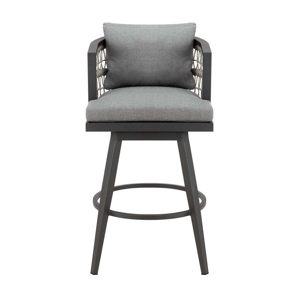 37" Gray Metal Swivel Outdoor Counter Height Bar chair with Footrest. Outdoor bar chair isolated on a plain white background, in a gray metal finish.