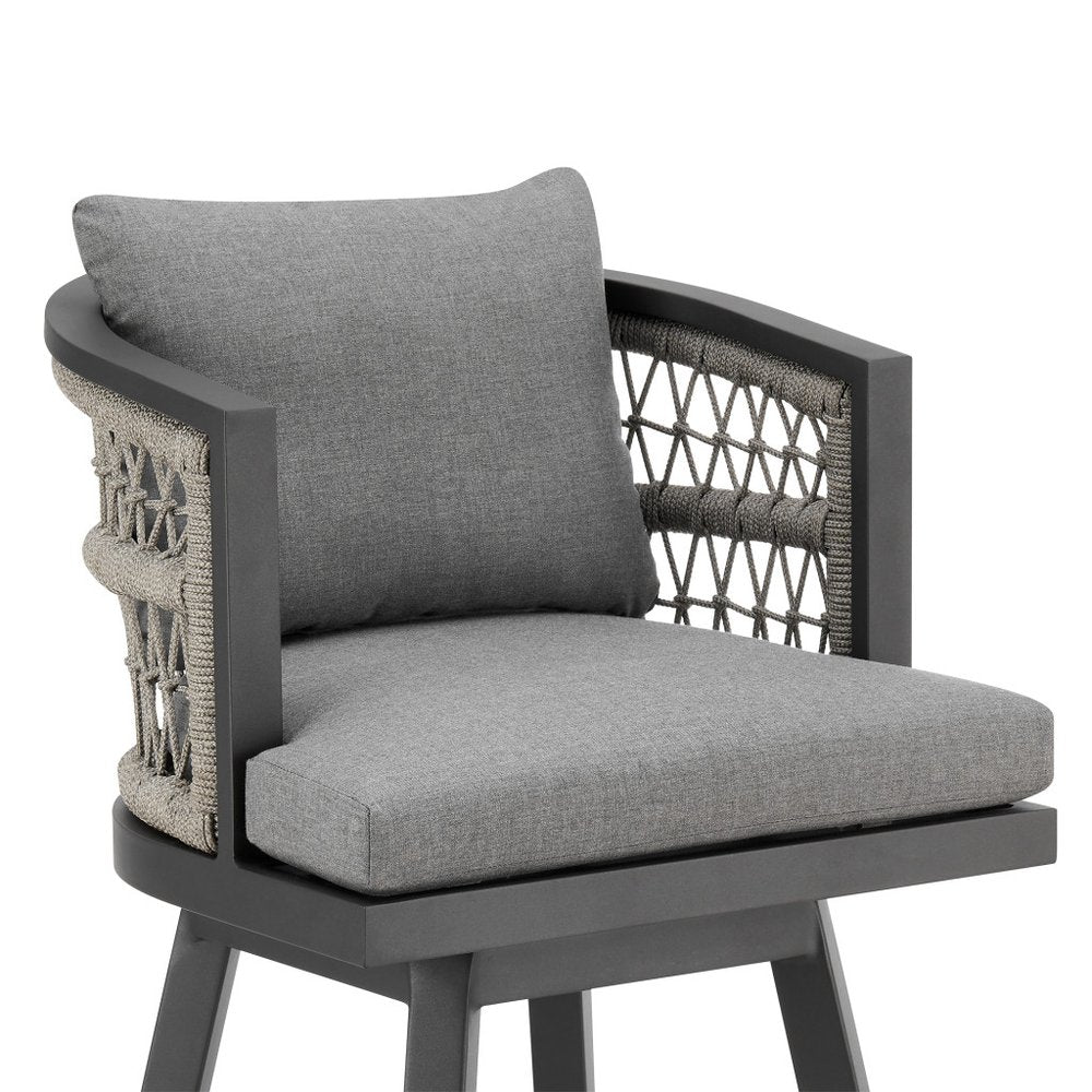 37" Gray Metal Swivel Outdoor Counter Height Bar chair with Footrest. Outdoor bar chair isolated on a plain white background, in a gray metal finish.