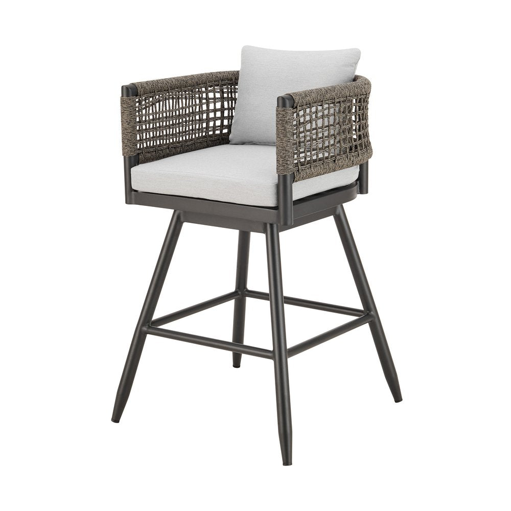 35" Light Gray Metal Swivel Low back Outdoor Counter Height Bar chair with Footrest. Outdoor bar chair isolated on a plain white background, showing a light gray metal surface.