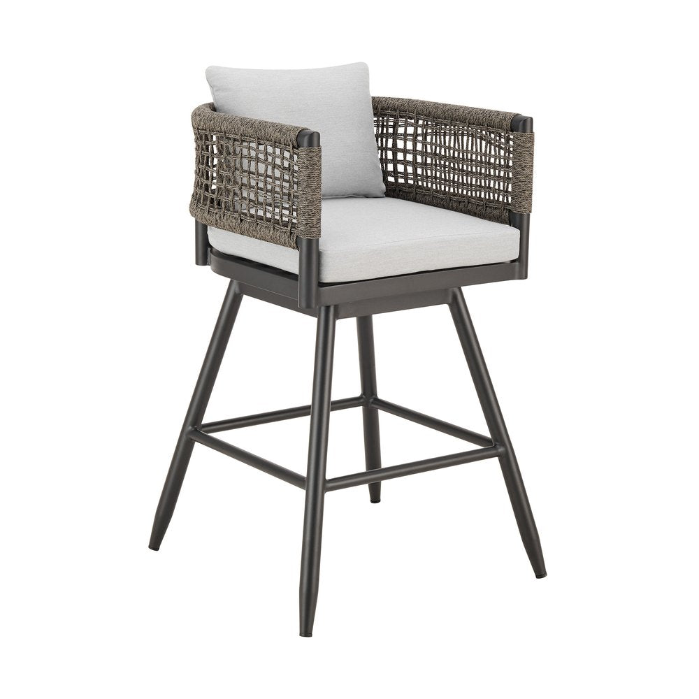 Gray metal outdoor swivel bar chair with woven arms, light gray seat and back cushion, on a white background.