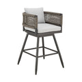35" Light Gray Metal Swivel Low back Outdoor Counter Height Bar chair with Footrest. Outdoor bar chair isolated on a plain white background, showing a light gray metal surface.