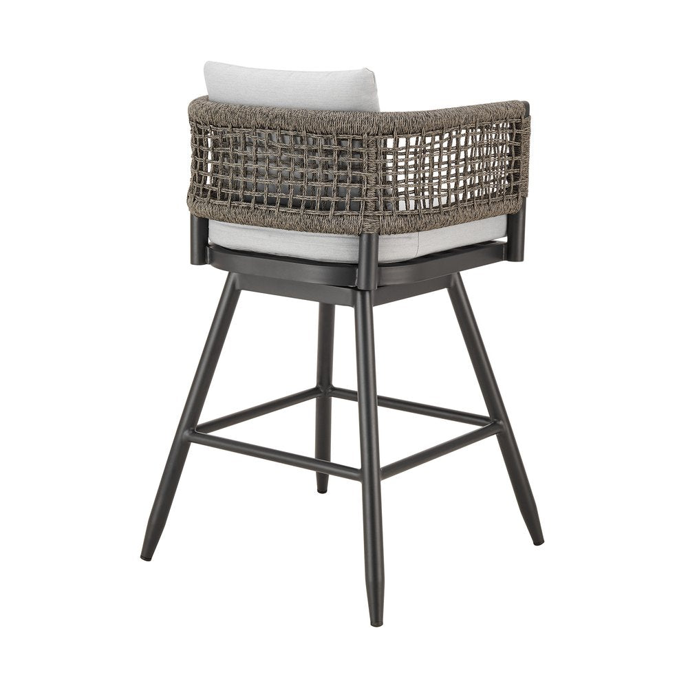 35" Light Gray Metal Swivel Low back Outdoor Counter Height Bar chair with Footrest. Outdoor bar chair isolated on a plain white background, in a light gray metal finish.