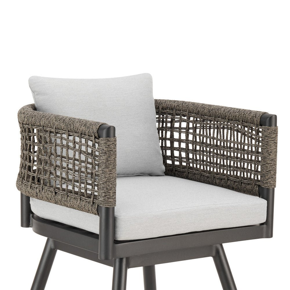 35" Light Gray Metal Swivel Low back Outdoor Counter Height Bar chair with Footrest. Outdoor bar chair isolated on a plain white background, finished in light gray metal.