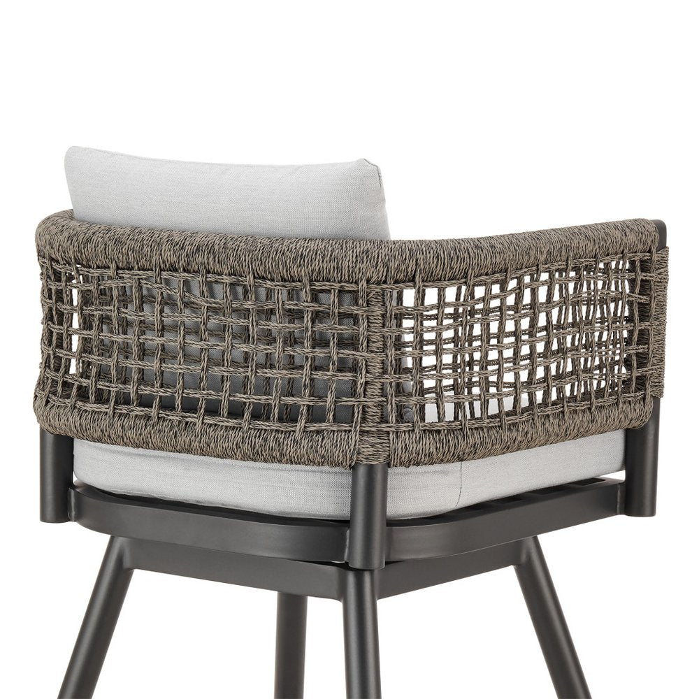 35" Light Gray Metal Swivel Low back Outdoor Counter Height Bar chair with Footrest. Outdoor bar chair isolated on a plain white background, in a light gray metal finish.