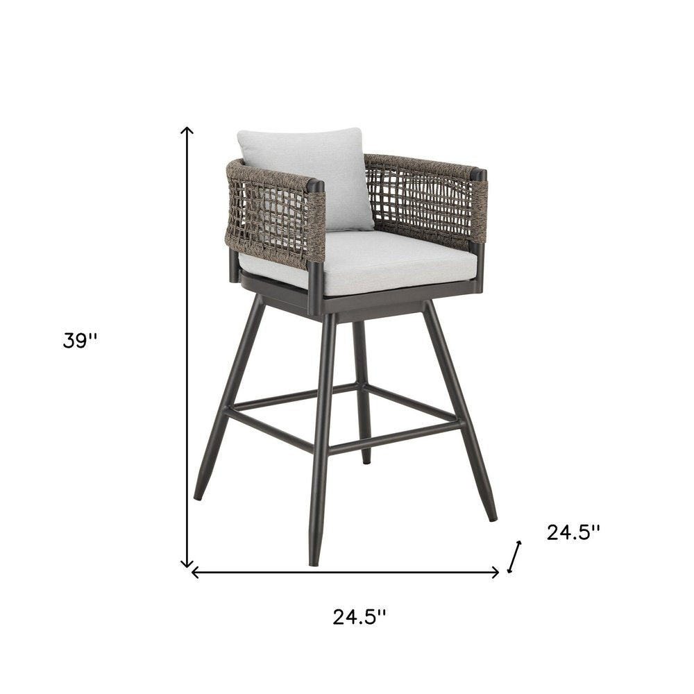 30" Black and Light Gray Aluminum Swivel Rope Back Outdoor Bar Height Chair with Footrest. Outdoor bar chair isolated on a plain white background, in a light gray metal finish.