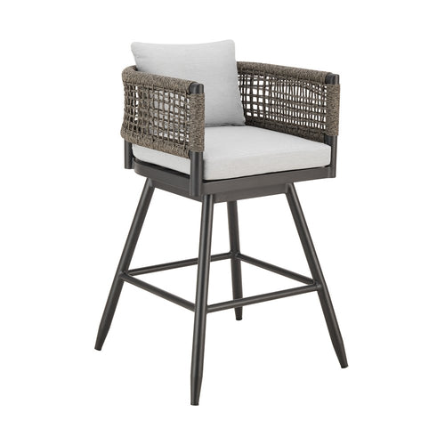 Black aluminum outdoor bar stool with light gray seat cushion and woven rope arms on a white background.